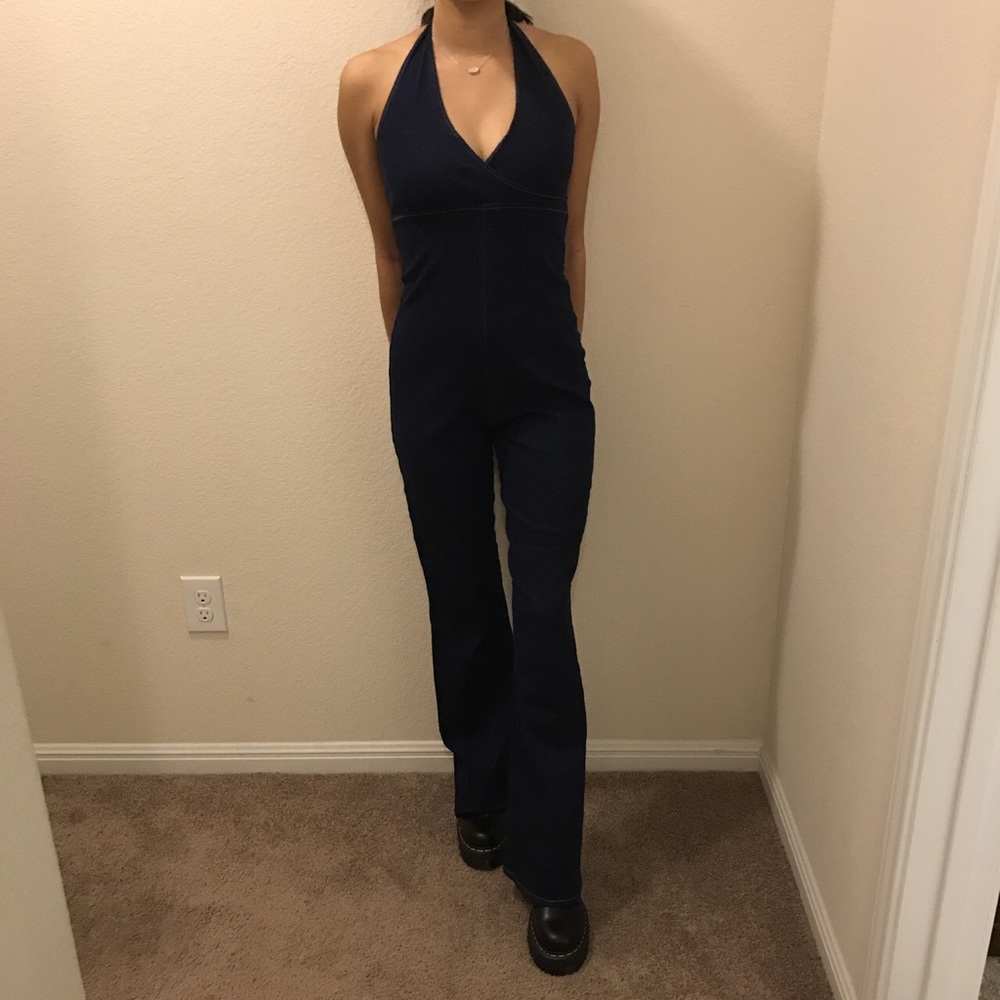 Bubblegum denim halter jumpsuit